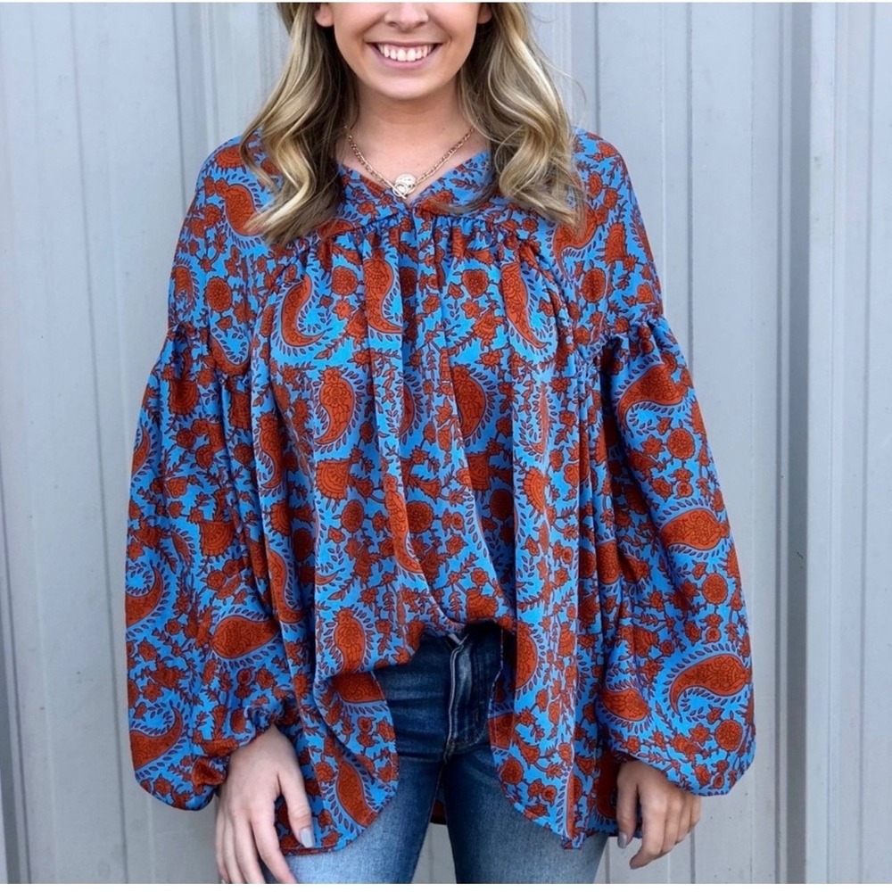 BUCKETLIST Blue and Rust Paisley Long-Sleeve Blouse